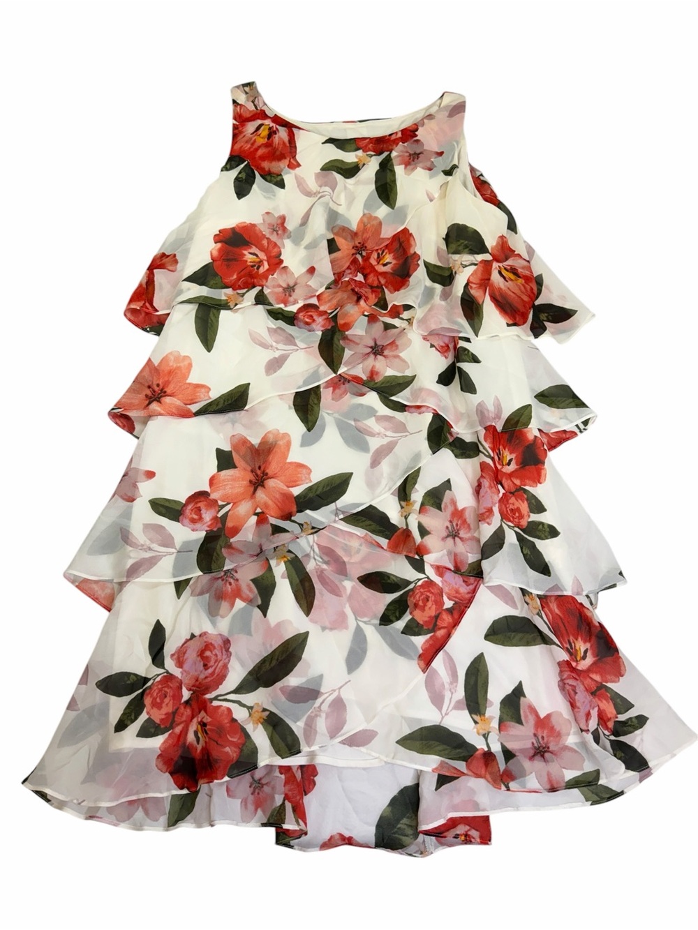 SLNY White Chiffon Dress with Red Floral Print Whimsical Flowy Romantic